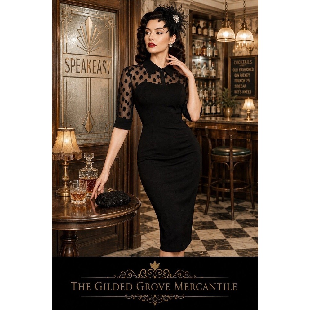 Belle Poque Black Polka Dot Mesh Pencil Dress Retro Pinup Rockabilly Sz S